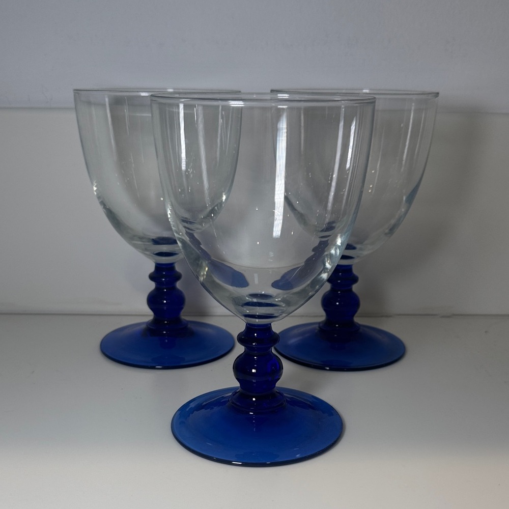 Vintage Libbey Cobalt Blue Stemmed Clear Glasses Goblet Set